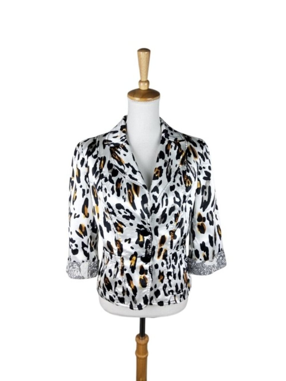 Alberto Makali Animal Print Satin Button-Up Blazer in White Black & Tan Size 8
